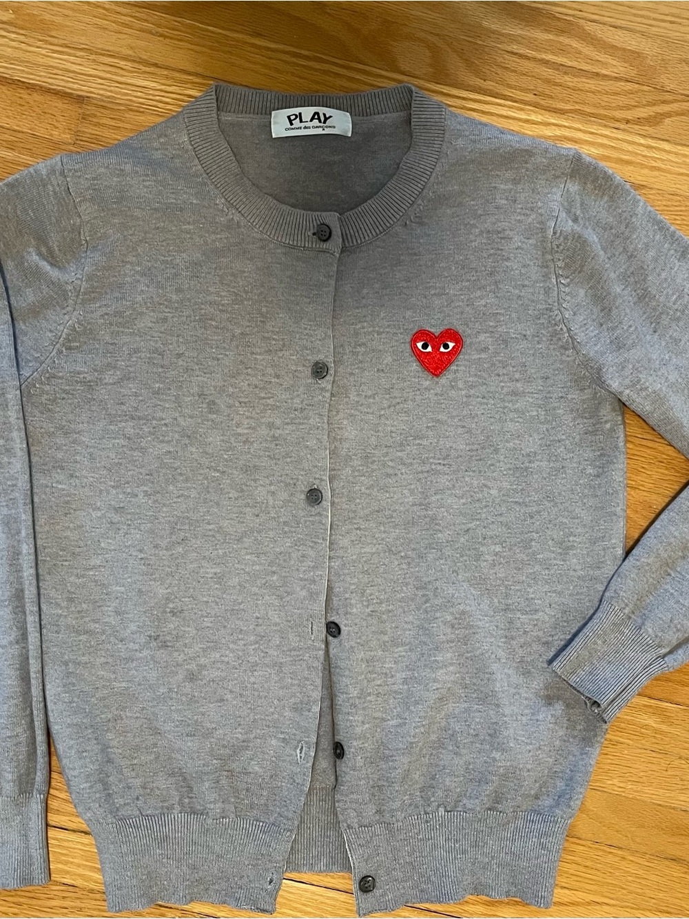 Comme des Garçons PLAY Gray Cardigan with Red Heart Emblem